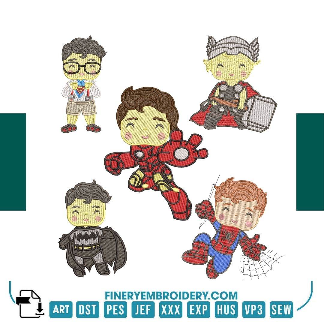 Kids Superhero Embroidery Designs Pack – 5 Designs in 6 Sizes - FineryEmbroidery