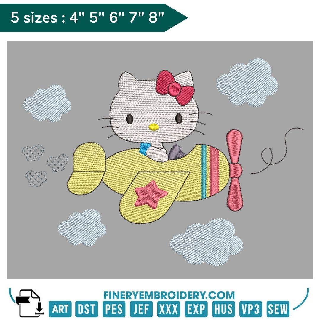 Kitty in an Airplane Embroidery Design – 5 Sizes - FineryEmbroidery
