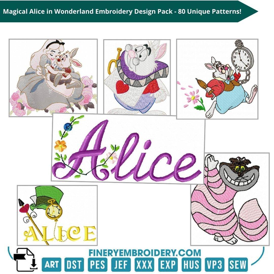 Magical Alice in Wonderland Embroidery Design Pack - 80 Unique Patterns! - FineryEmbroidery