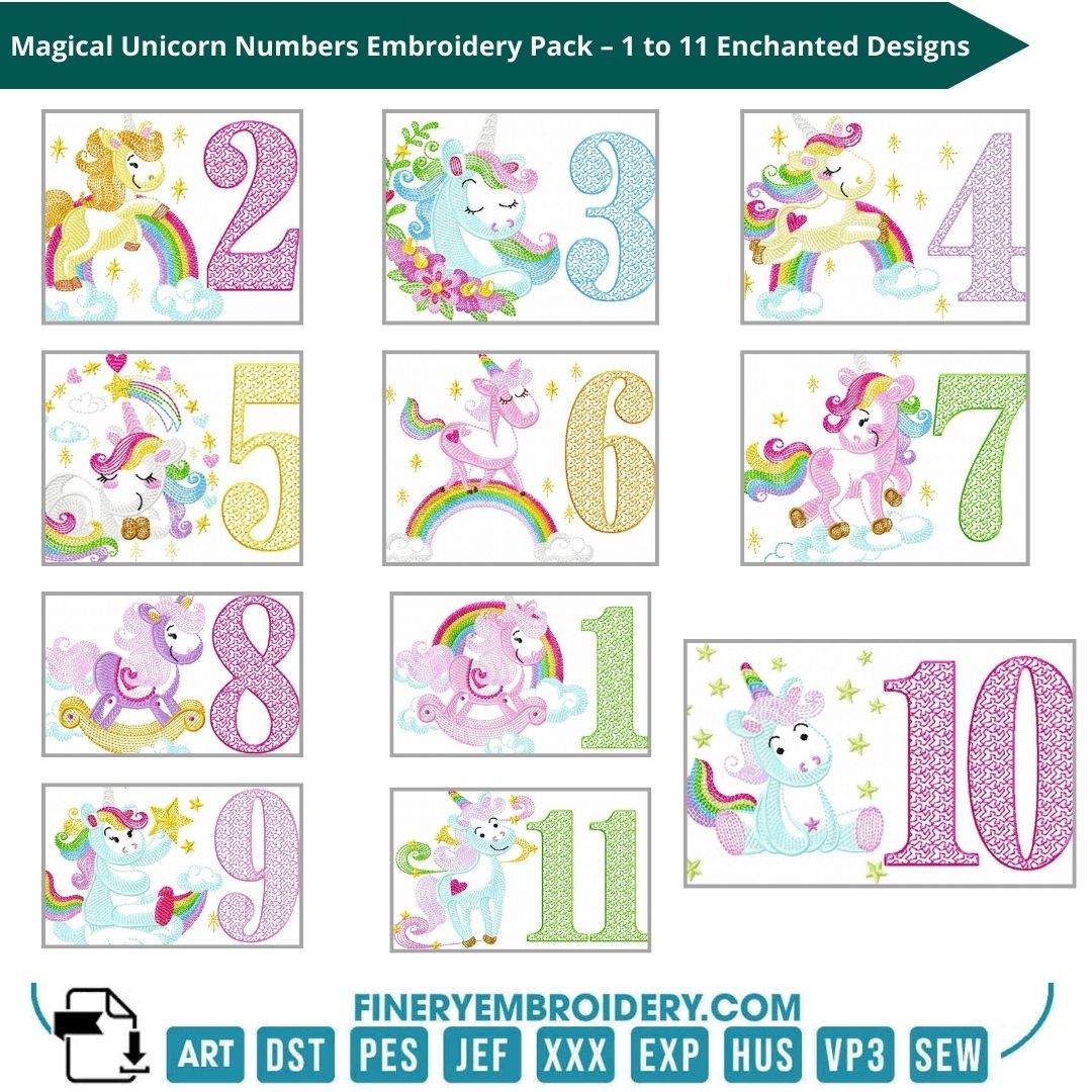 Magical Unicorn Birthday Numbers Embroidery Pack – 1 to 11 Enchanted Designs - FineryEmbroidery