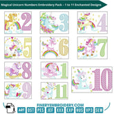 Magical Unicorn Birthday Numbers Embroidery Pack – 1 to 11 Enchanted Designs - FineryEmbroidery
