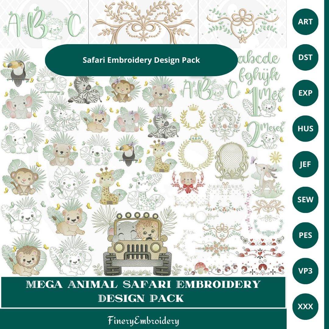 Mega Animal Safari Embroidery Design Pack – 50 Exclusive Designs - FineryEmbroidery