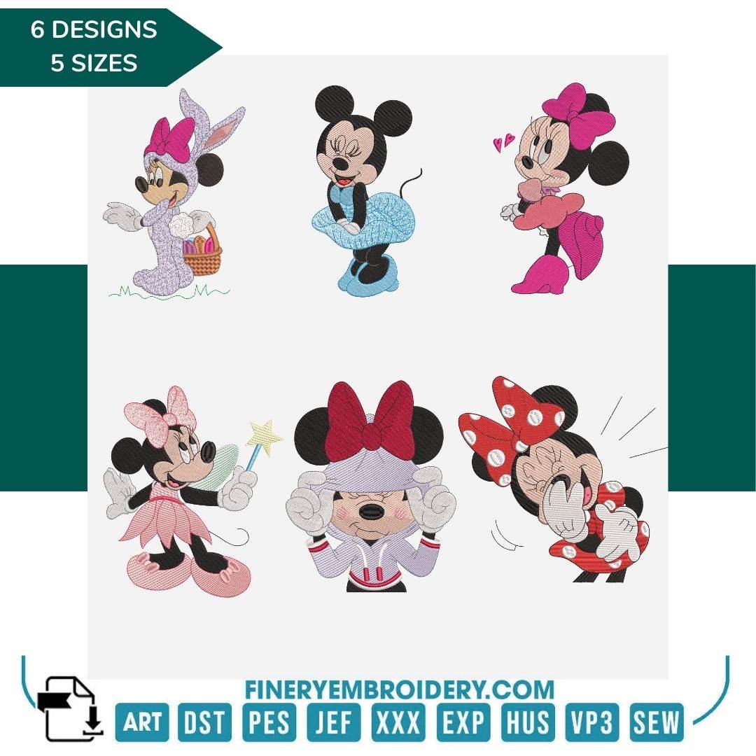 Minnie Mouse Embroidery Design Pack – 6 Designs in 5 Sizes - FineryEmbroidery