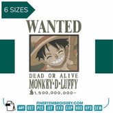 One Piece Luffy Wanted  - Anime - Embroidery Design - FineryEmbroidery