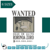 One Piece Zorro Wanted - Anime - Embroidery Design - FineryEmbroidery