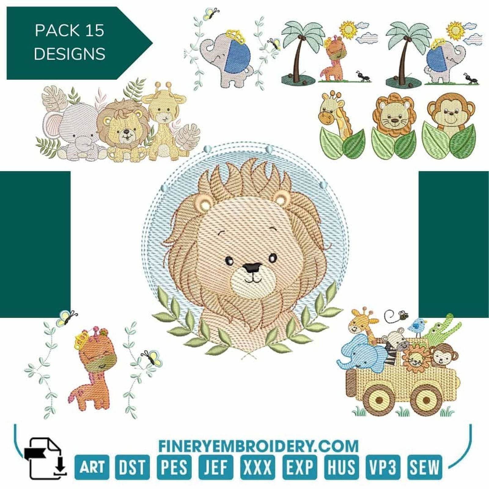 Pack - 15 designs Wild animal and safari-themed - Embroidery Designs - FineryEmbroidery
