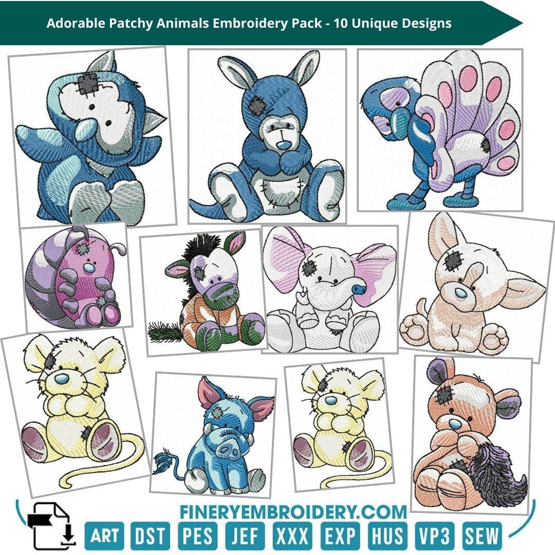 Patchy Animals Embroidery Pack - 10 Unique Designs - FineryEmbroidery