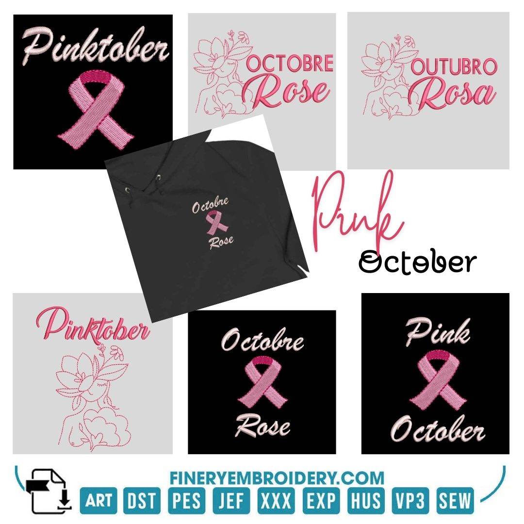 Pink October Embroidery Design Pack – 3 Breast Cancer Awareness Designs - Multiple Languages - FineryEmbroidery