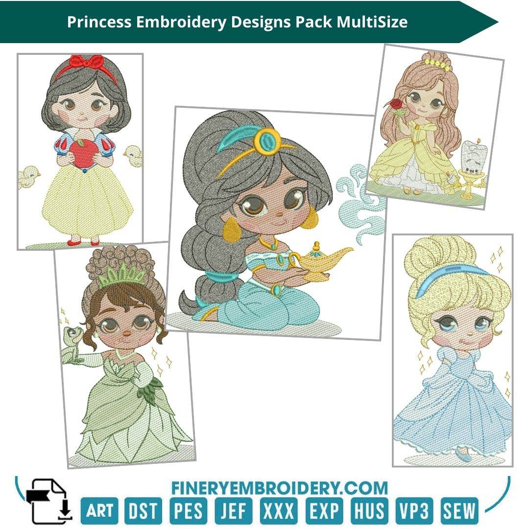 Princess Embroidery Designs Pack: Bella, Snow White, Cinderella, Jasmine & Tiana - FineryEmbroidery