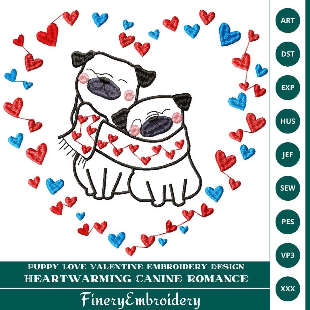 Puppy Love Valentine Embroidery Design - Heartwarming Canine Romance - FineryEmbroidery