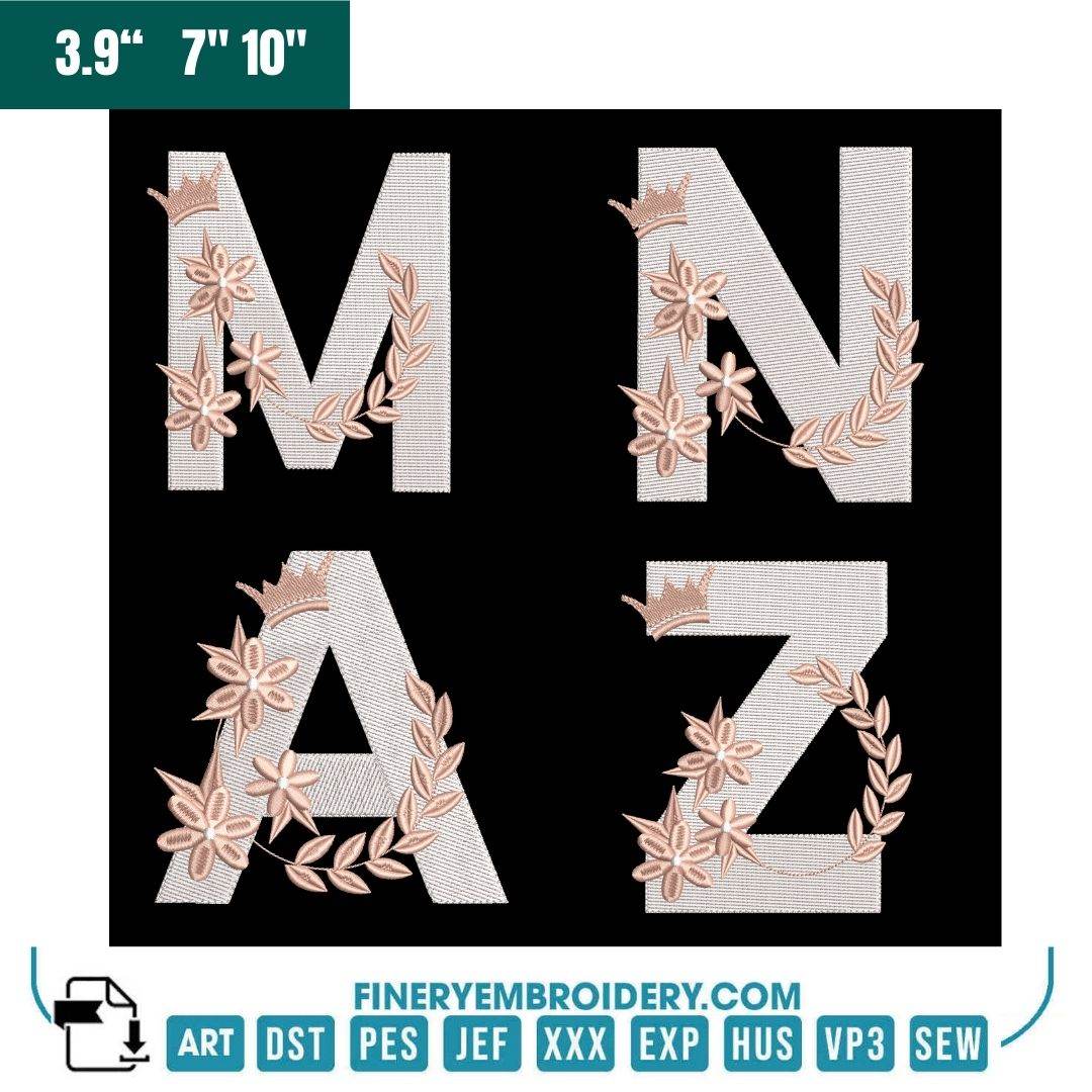Regal Floral Alphabet Embroidery Pack – Royal Monogram Letters with Crown & Laurel Designs - FineryEmbroidery