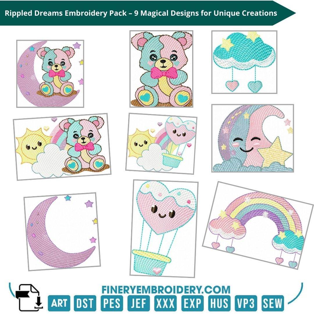 Rippled Dreams Embroidery Pack – 9 Magical Designs for Unique Creations - FineryEmbroidery