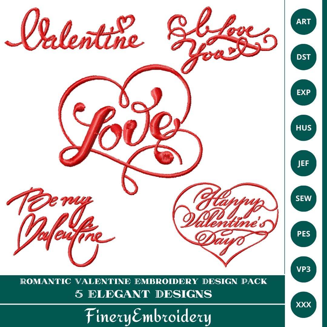 Romantic Valentine Embroidery Design Pack - 5 Elegant Designs - FineryEmbroidery