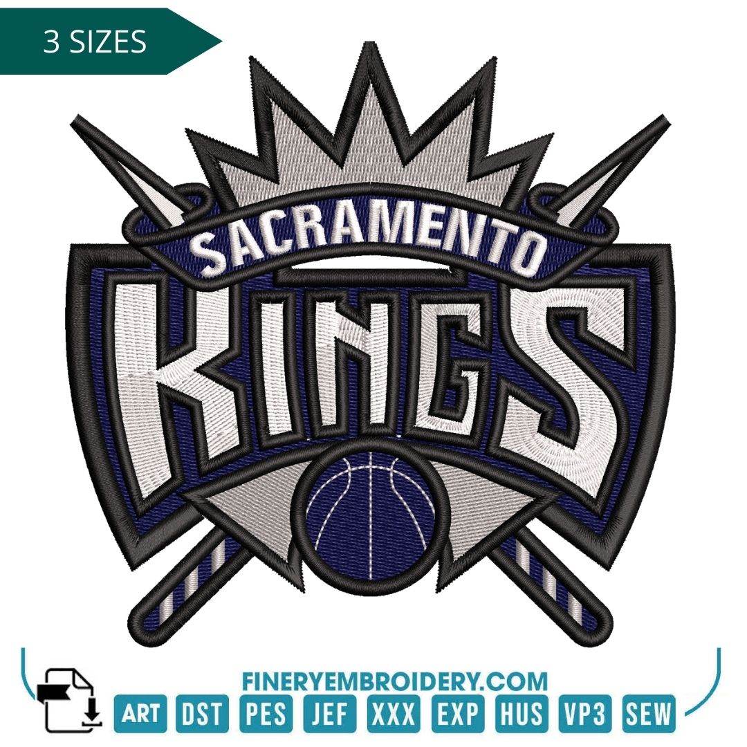 Sacramento Kings Embroidery Design – Royal Team Logo in 3 Sizes - FineryEmbroidery