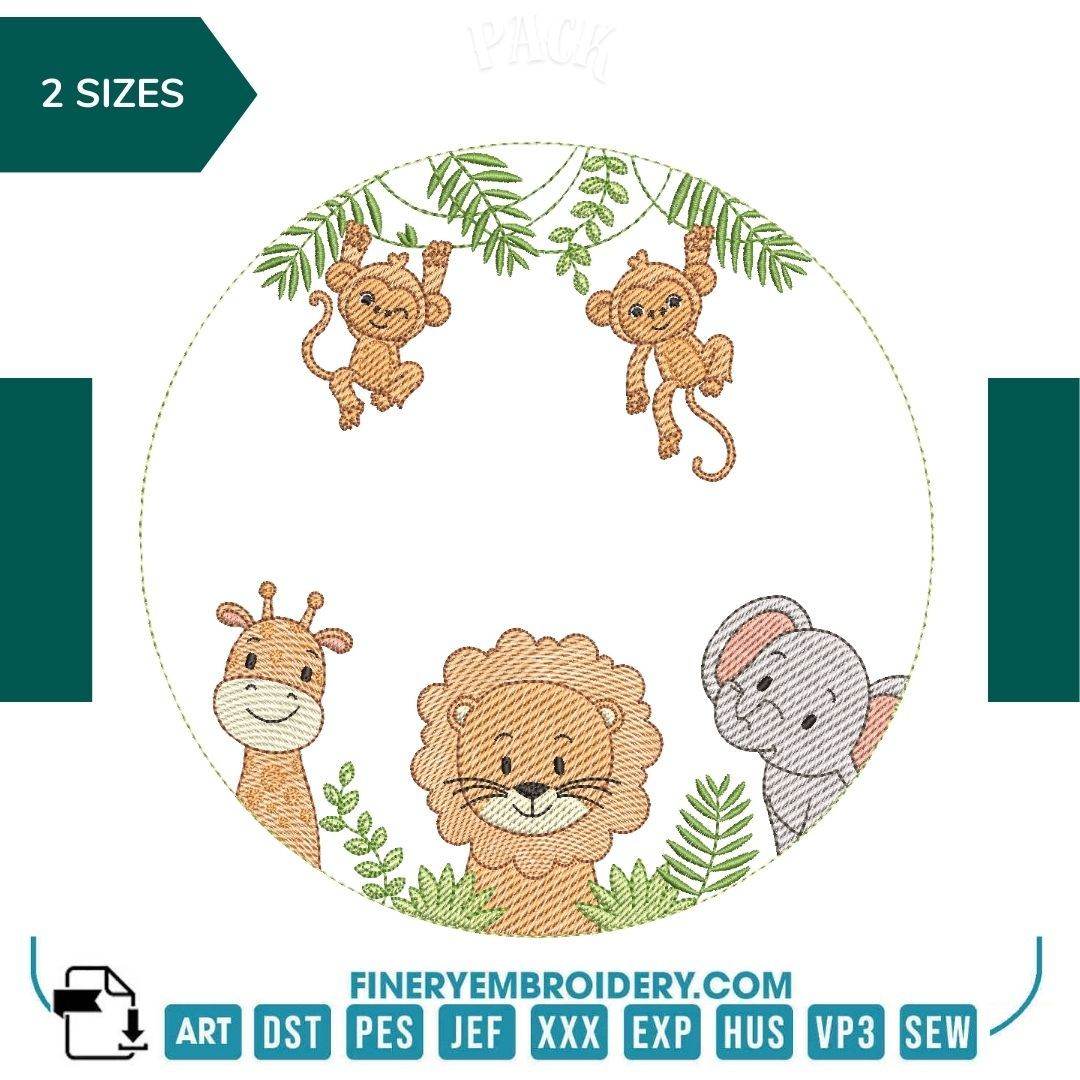 Safari Adventure Embroidery Design - Round Jungle Animal Pattern - FineryEmbroidery