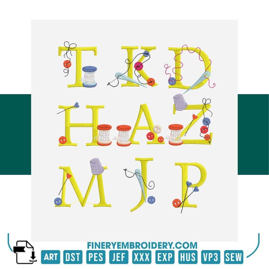 Sewing-Themed Alphabet Embroidery Design Pack – 26 Letters | FineryEmbroidery - FineryEmbroidery