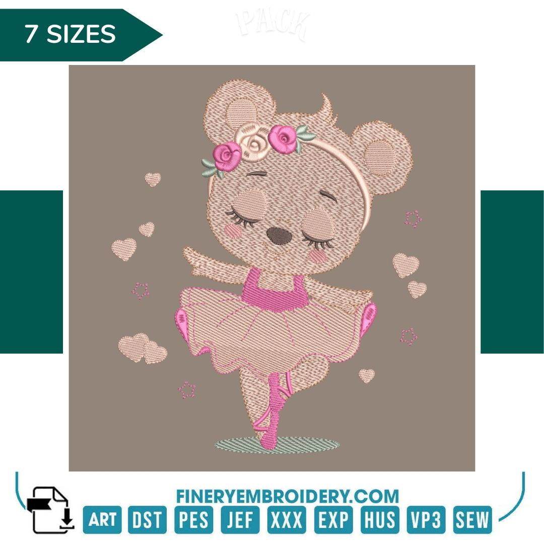Sweet Ballerina Bear Embroidery Design - 7 Sizes | FineryEmbroidery - FineryEmbroidery