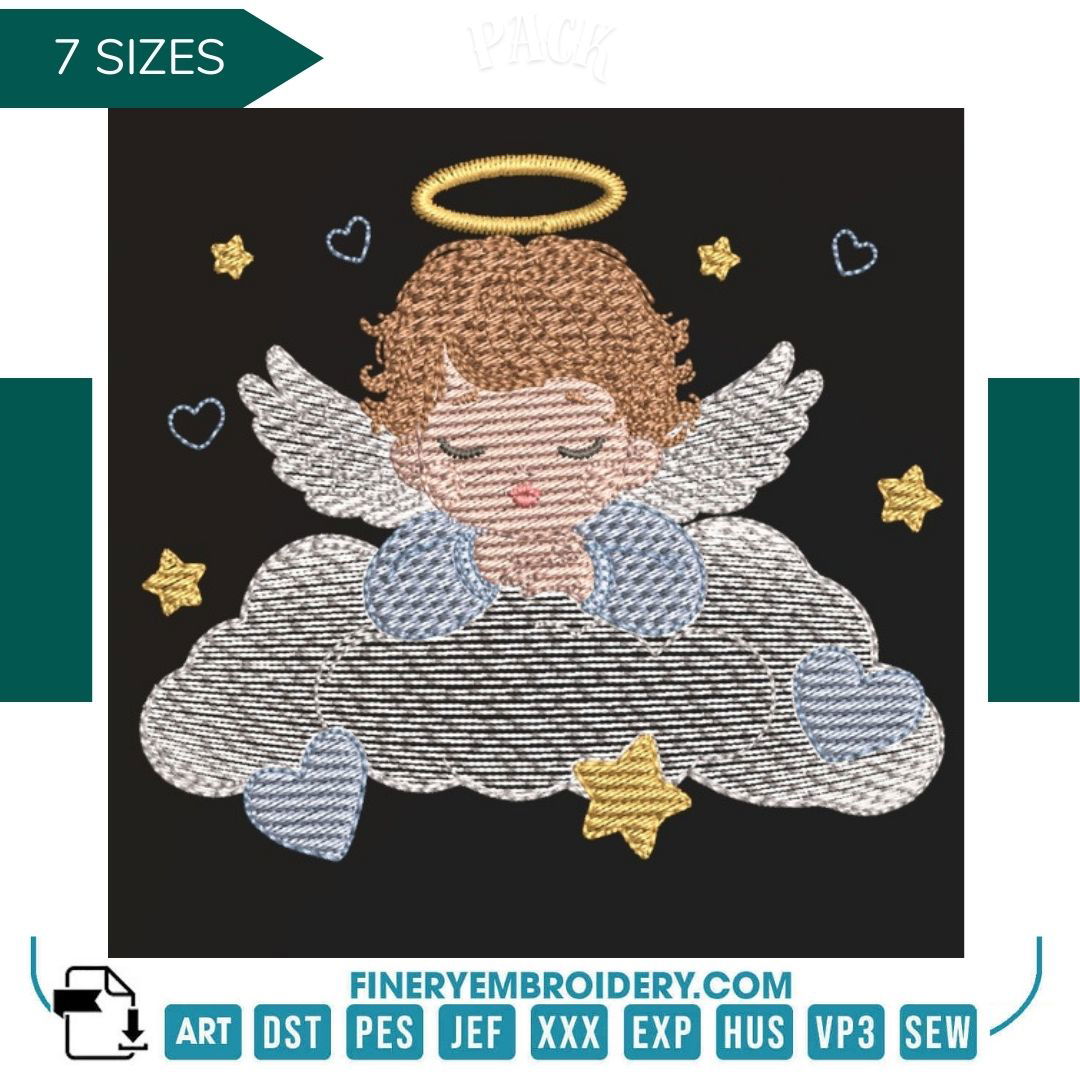 Sweet Dreaming Angel Baby Boy Embroidery Design Pack 7 Sizes  