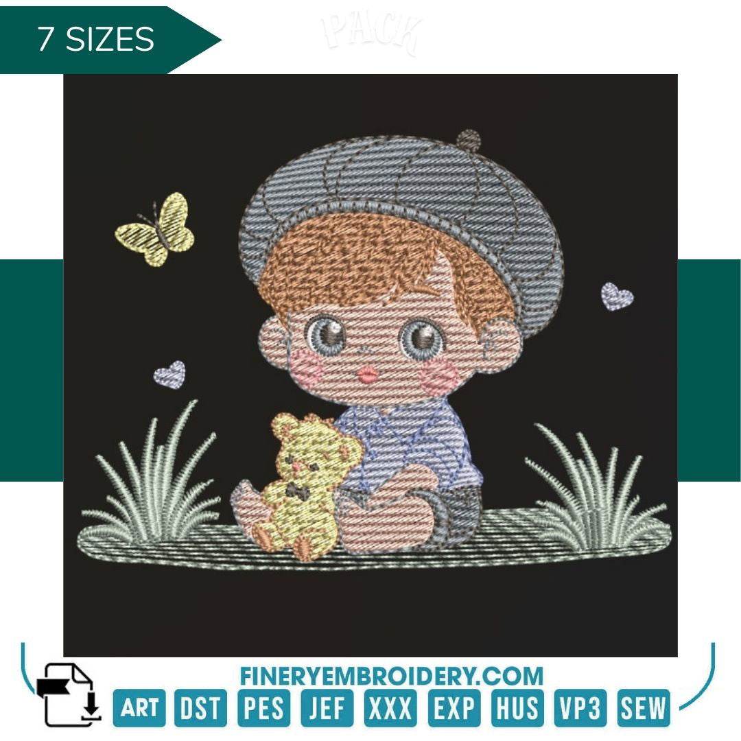 Sweet boy and teddy bear – 7 Sizes - FineryEmbroidery