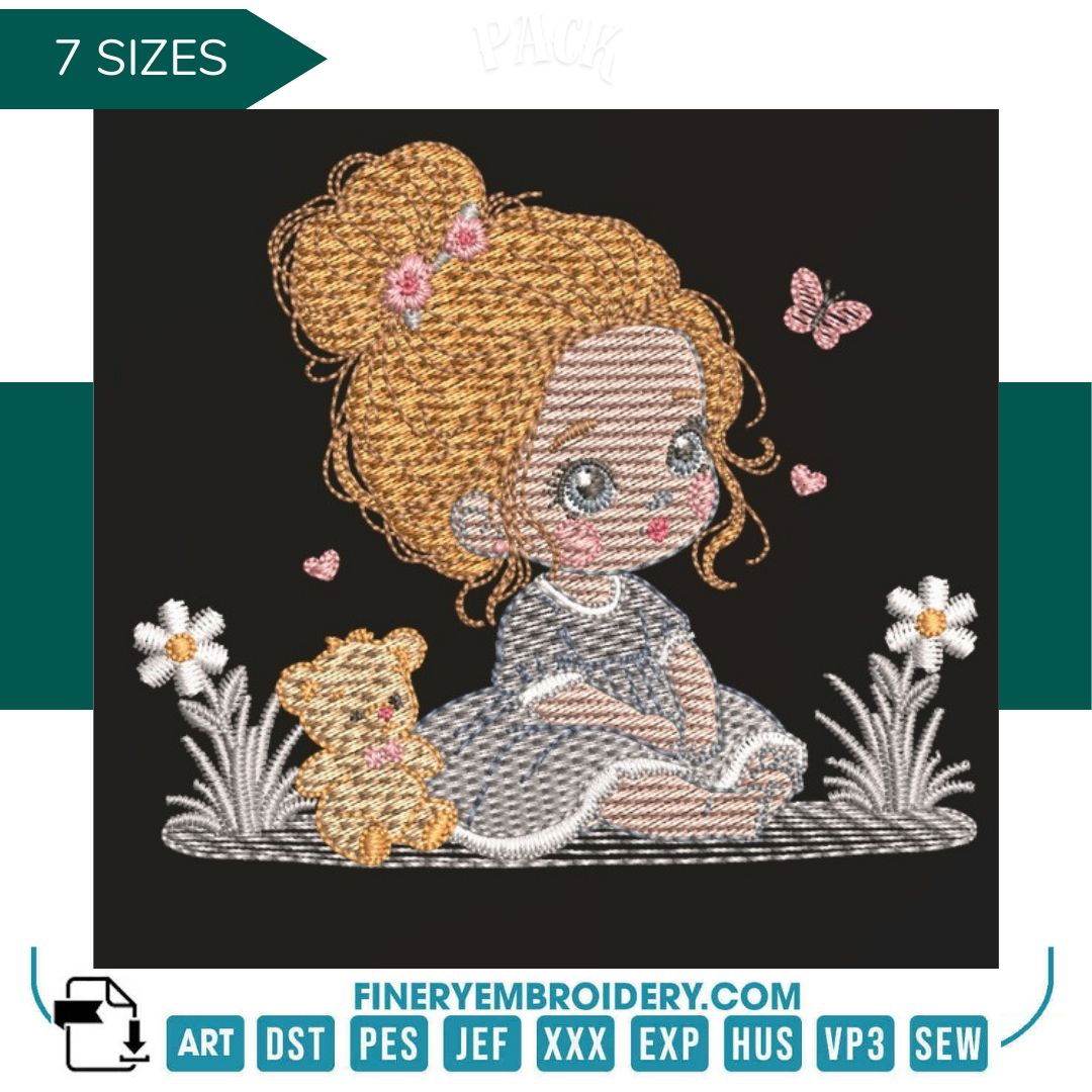 Sweet girl and teddy bear – 7 Sizes - FineryEmbroidery