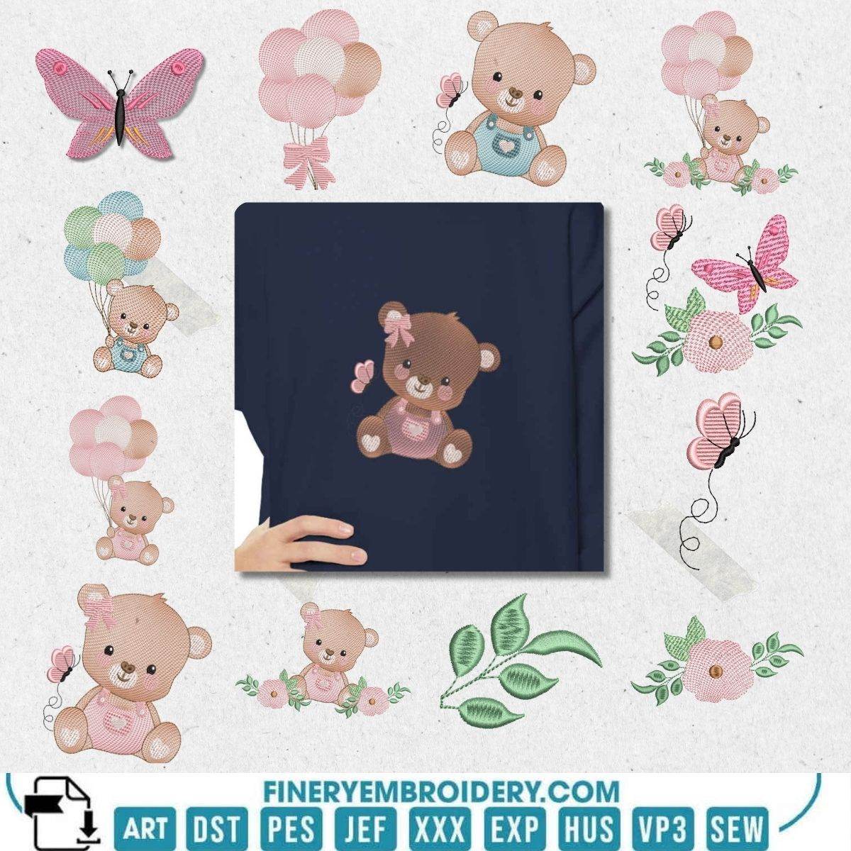Teddy Bears and Balloons Embroidery Design Pack in Multiple Sizes - FineryEmbroidery