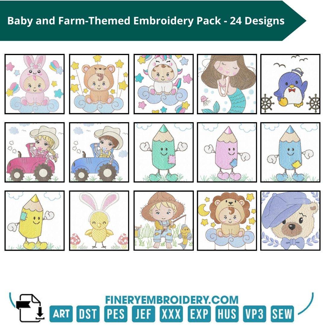 Ultimate Baby and Farm Embroidery Pack – 24 Designs in Multiple Sizes for Endless Creativity - FineryEmbroidery