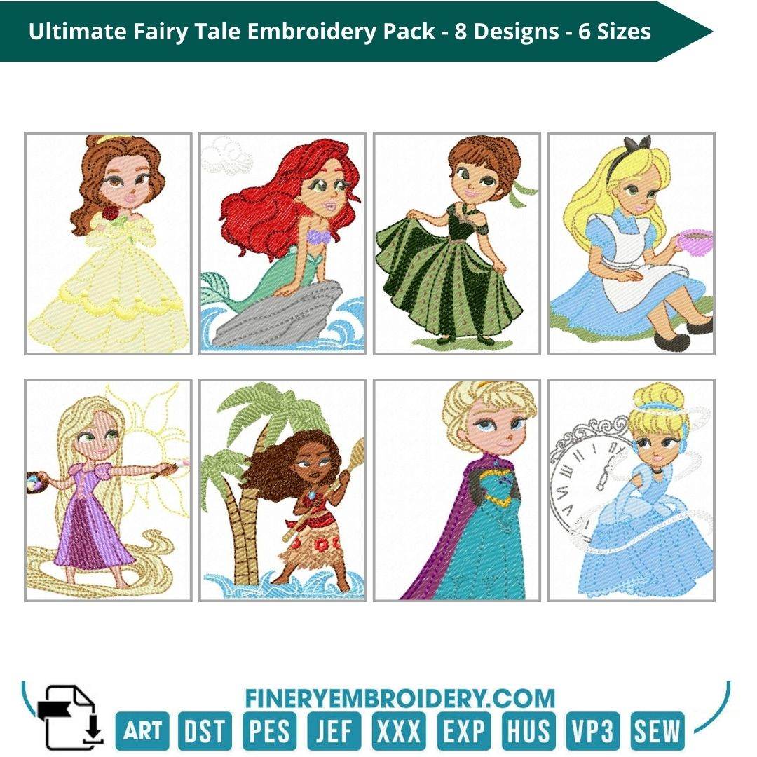 Ultimate Fairy Tale Embroidery Pack – 8 Princess & Character Designs - 6 sizes - FineryEmbroidery