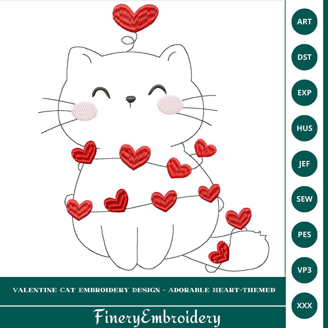 Valentine Cat Embroidery Design - Adorable Heart-Themed Multi-sizes - FineryEmbroidery