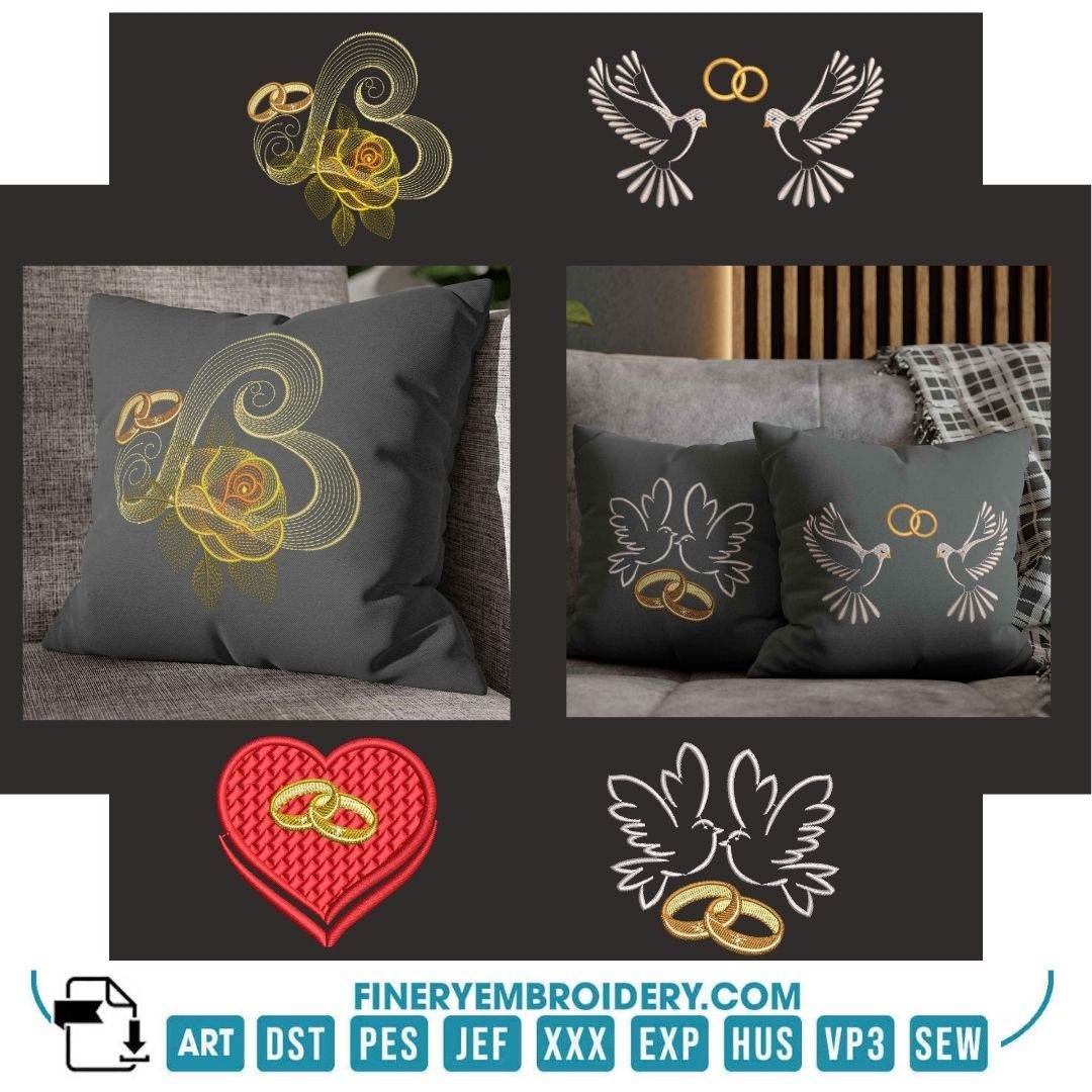 Wedding Rings Embroidery 4 Designs Pack - Elegant Love and Marriage - FineryEmbroidery