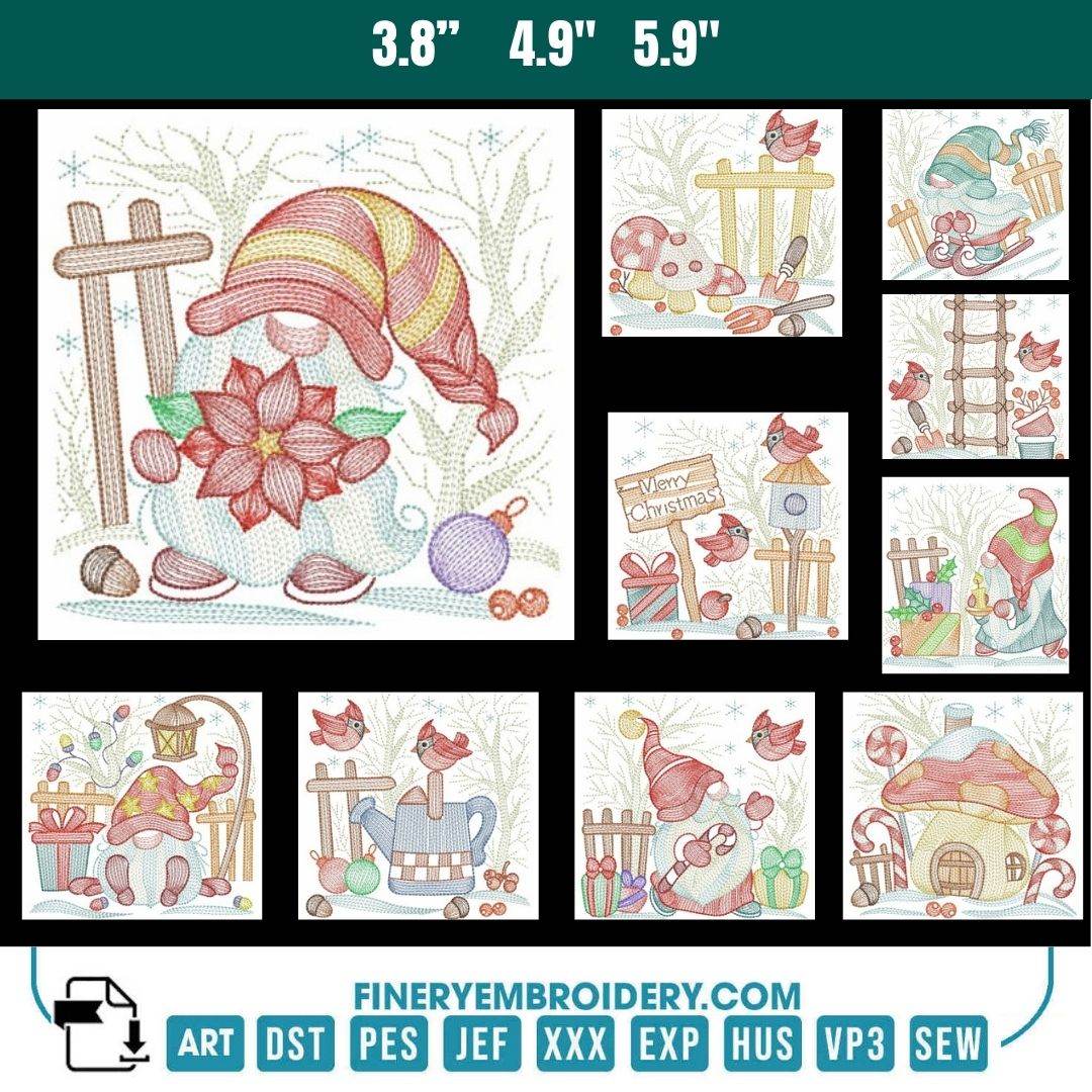 Whimsical Christmas Gnome Embroidery Collection – Festive Designs in 3 Sizes - FineryEmbroidery