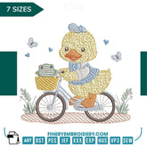 Whimsical Duck and Frog on Bicycle Embroidery Design - 7 Sizes | FineryEmbroidery - FineryEmbroidery