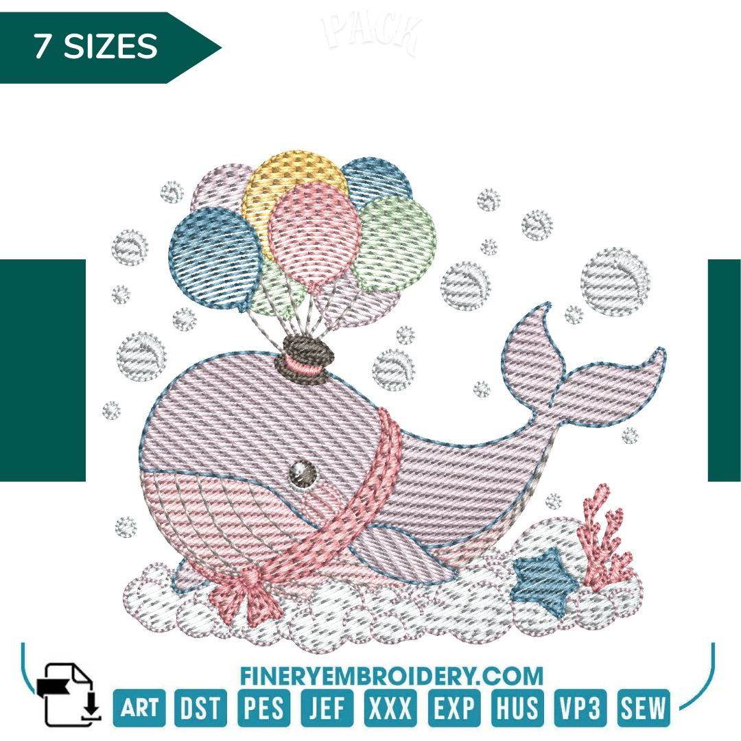 Whimsical Whale with Balloons Embroidery Design - 7 Sizes | FineryEmbroidery - FineryEmbroidery
