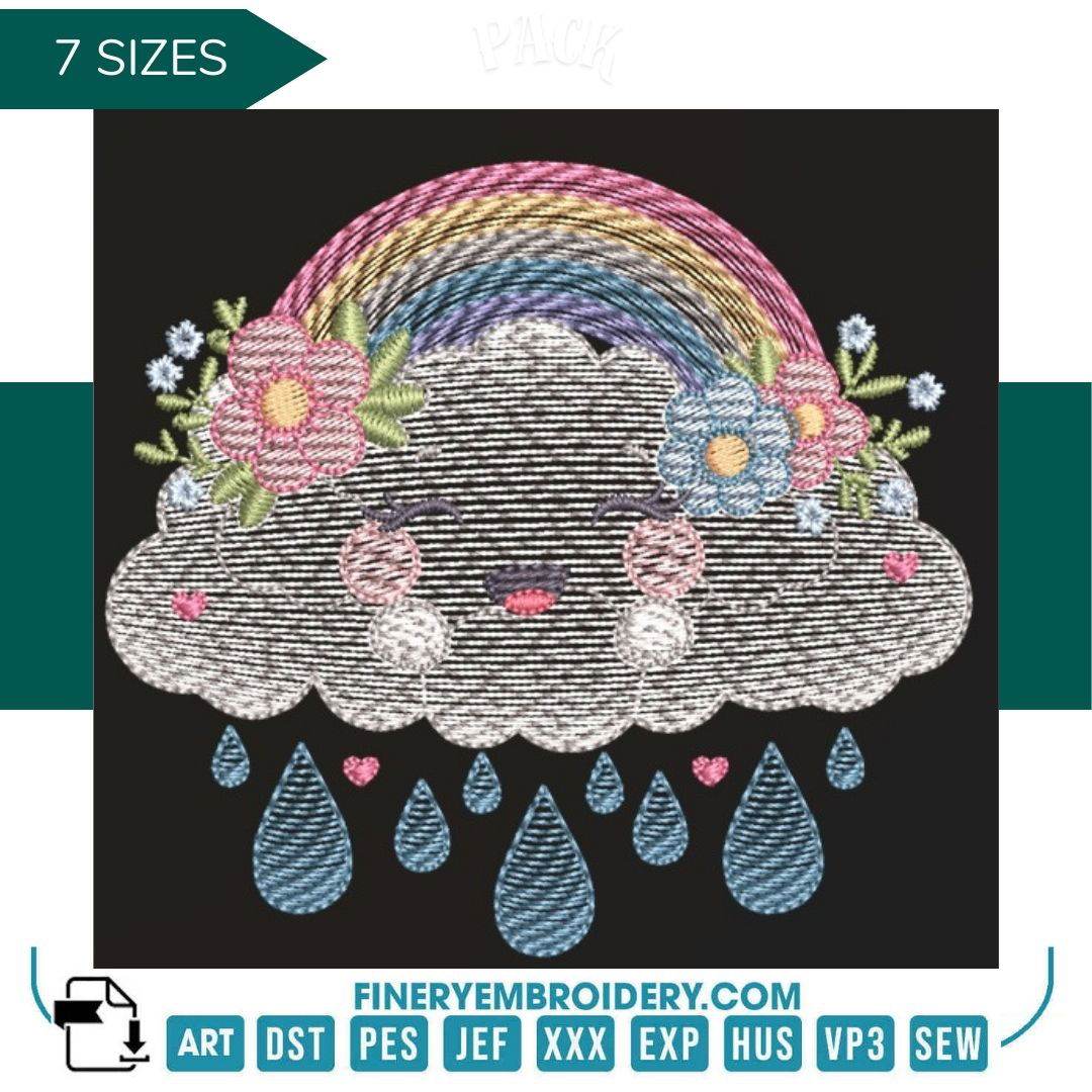 Whimsical cloud adorned with colorful rainbows – 7 Sizes - FineryEmbroidery