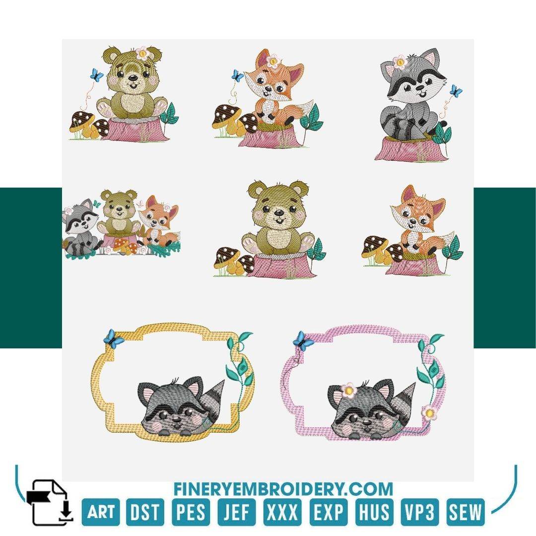 Woodland Friends Embroidery Design Pack – 12 Designs - Multiple Sizes | FineryEmbroidery - FineryEmbroidery