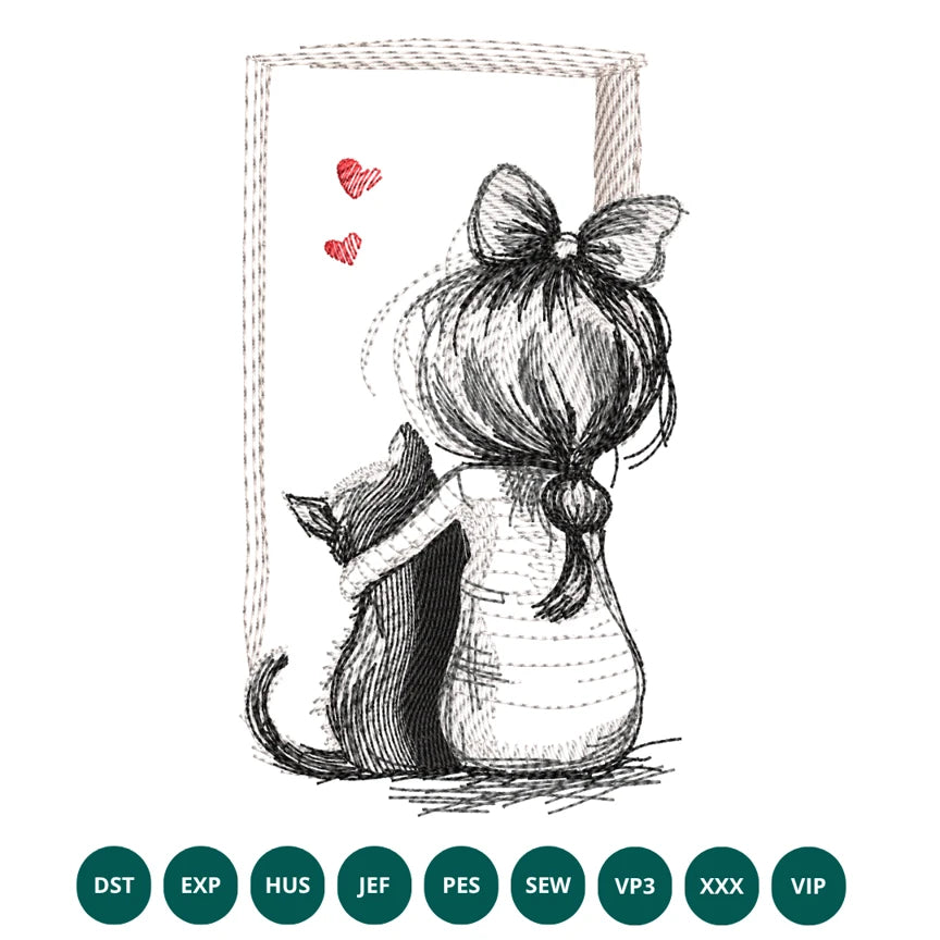 Girl and Cat Sketch Embroidery Design | Cute Girl with Cat | embroidery file preview 1