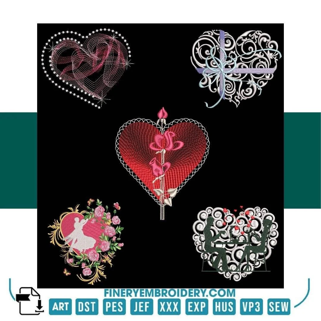 17 Unique Heart-Themed Embroidery Designs Pack - Intricate Love & Floral Patterns - FineryEmbroidery