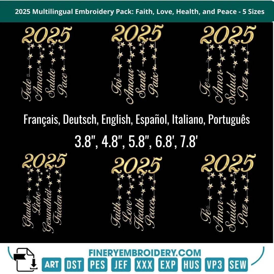 2025 Multilingual Embroidery Pack: Faith, Love, Health, and Peace - FineryEmbroidery