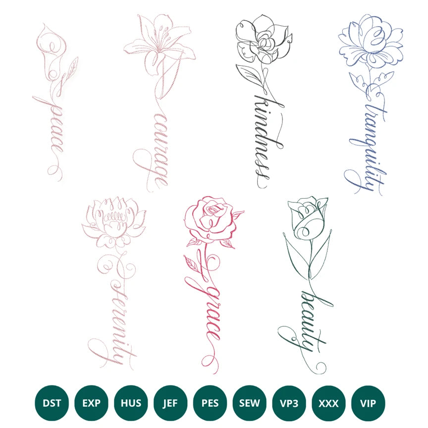 7 Floral One Line Embroidery Designs Pack - Word & Flower Ma embroidery file preview 1