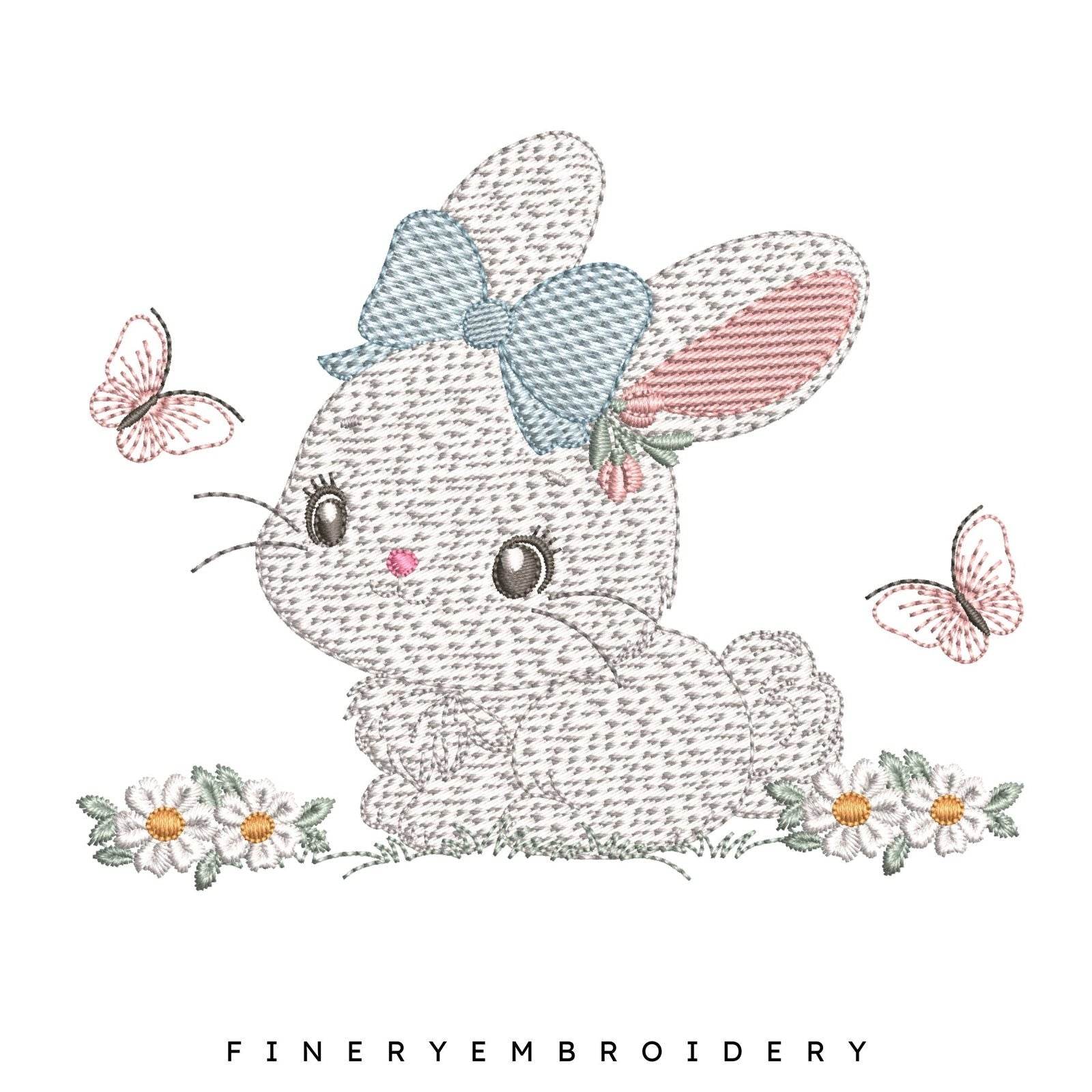 Adorable Bunny with Bow Embroidery Design - 7 Sizes | FineryEmbroidery - FineryEmbroidery