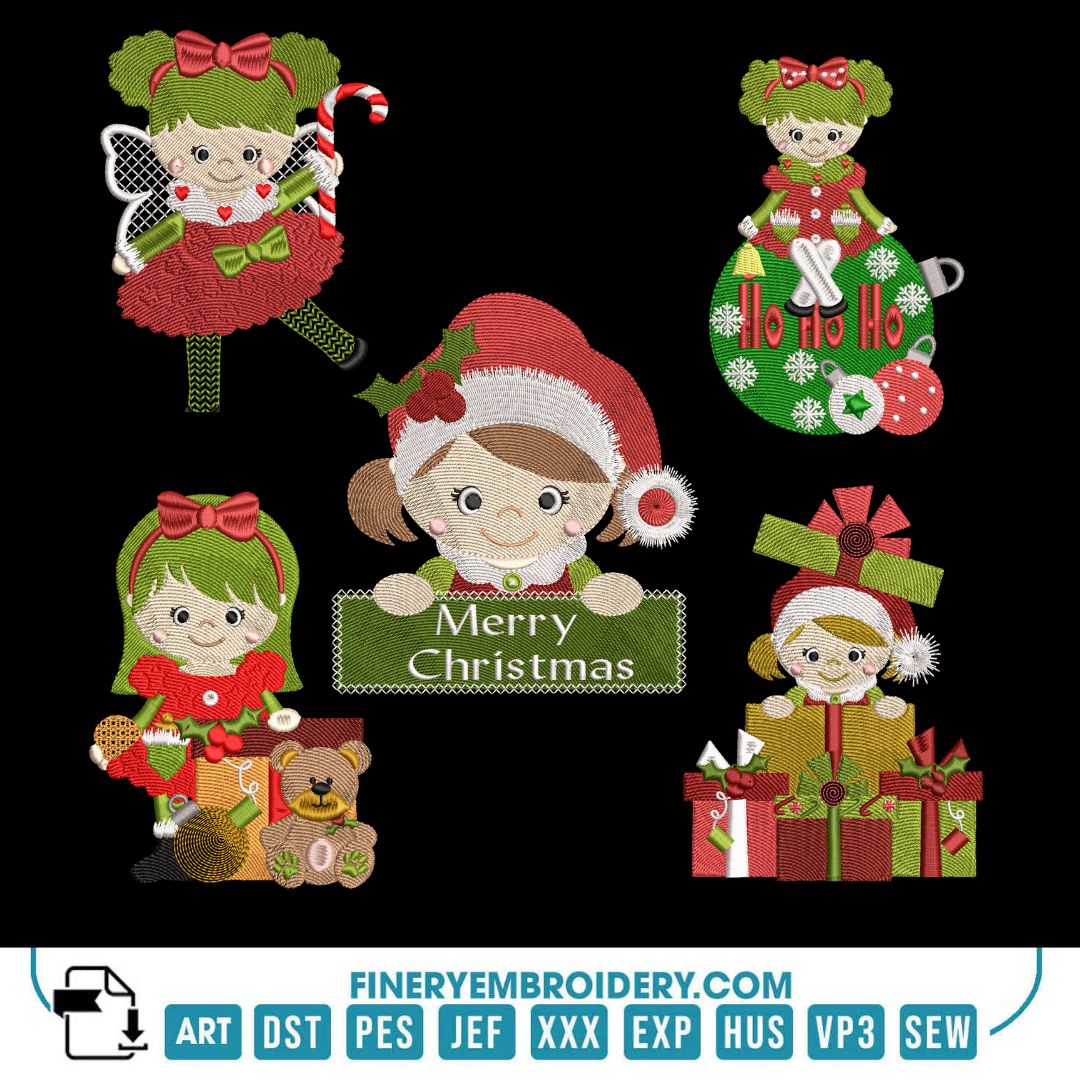 Adorable Christmas Girl Embroidery Design Pack - FineryEmbroidery