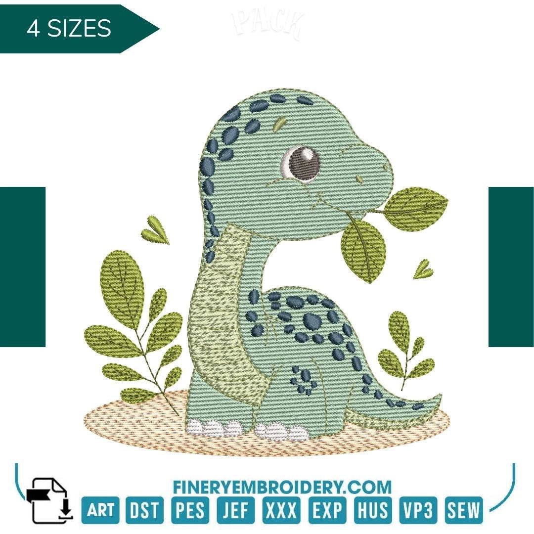 Adorable Dinosaur Embroidery Design – Cute Green Dino with Leaves - FineryEmbroidery