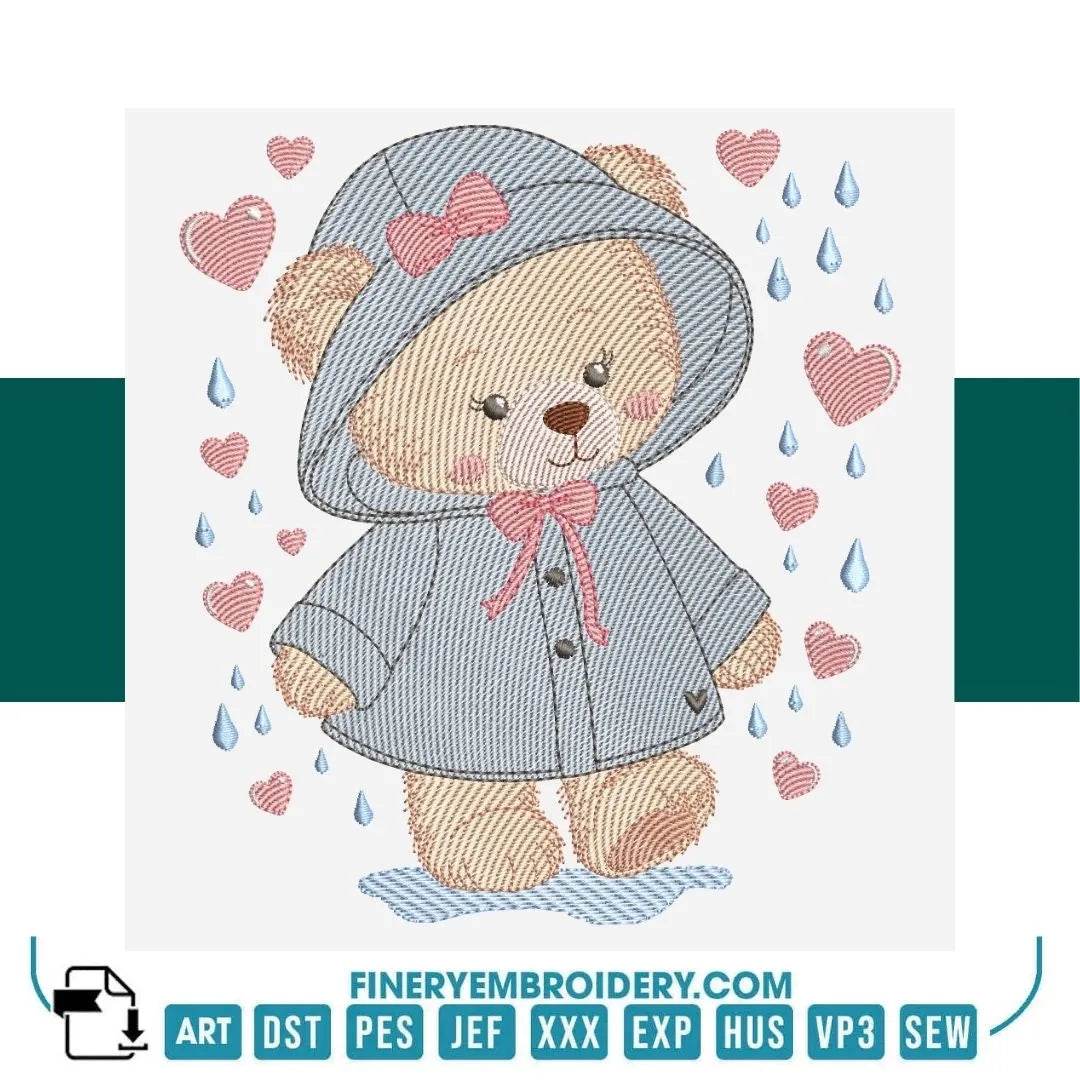 Adorable Teddy Bear in Rain Embroidery Design - FineryEmbroidery