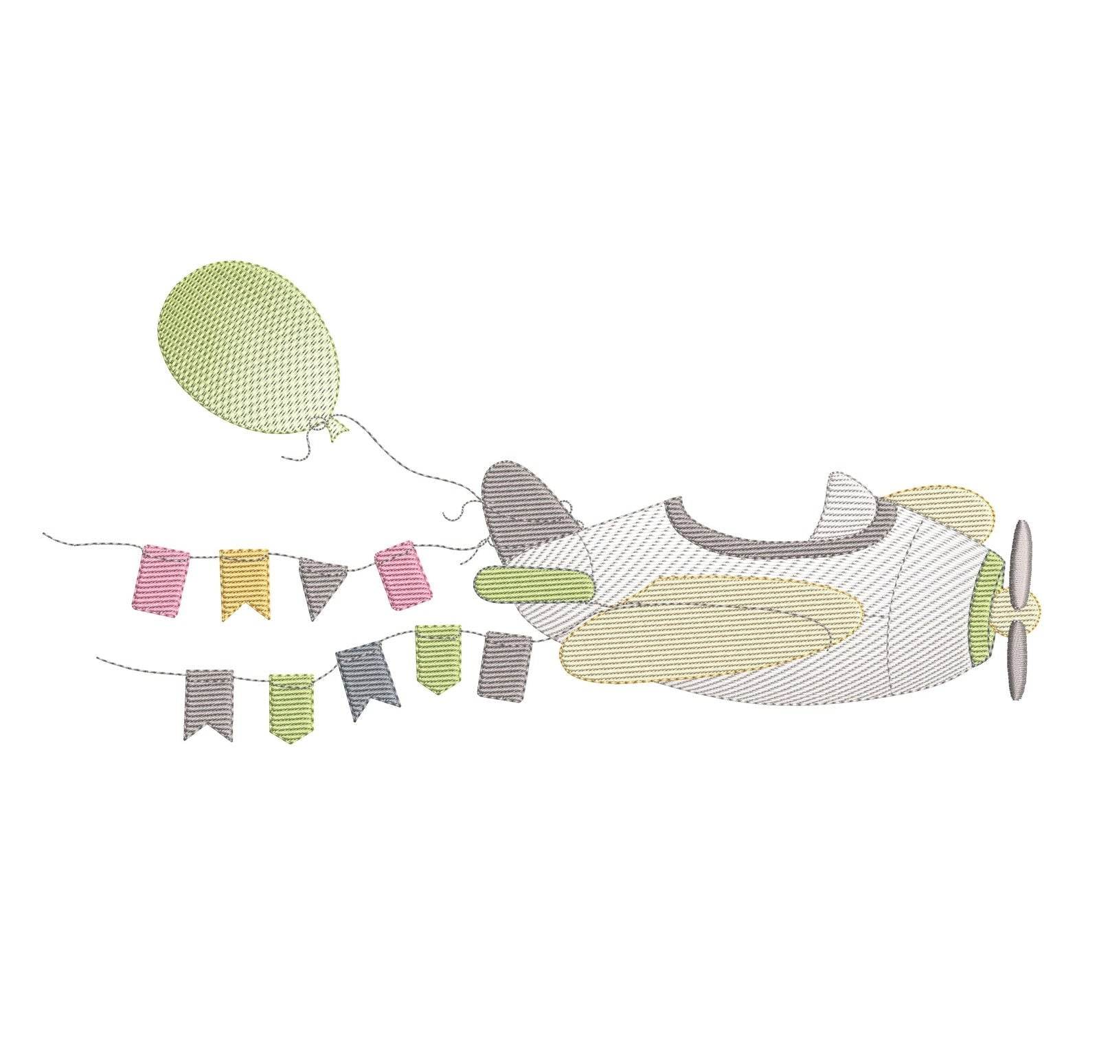 Airplane with Balloon and Flags Embroidery Design | FineryEmbroidery - FineryEmbroidery