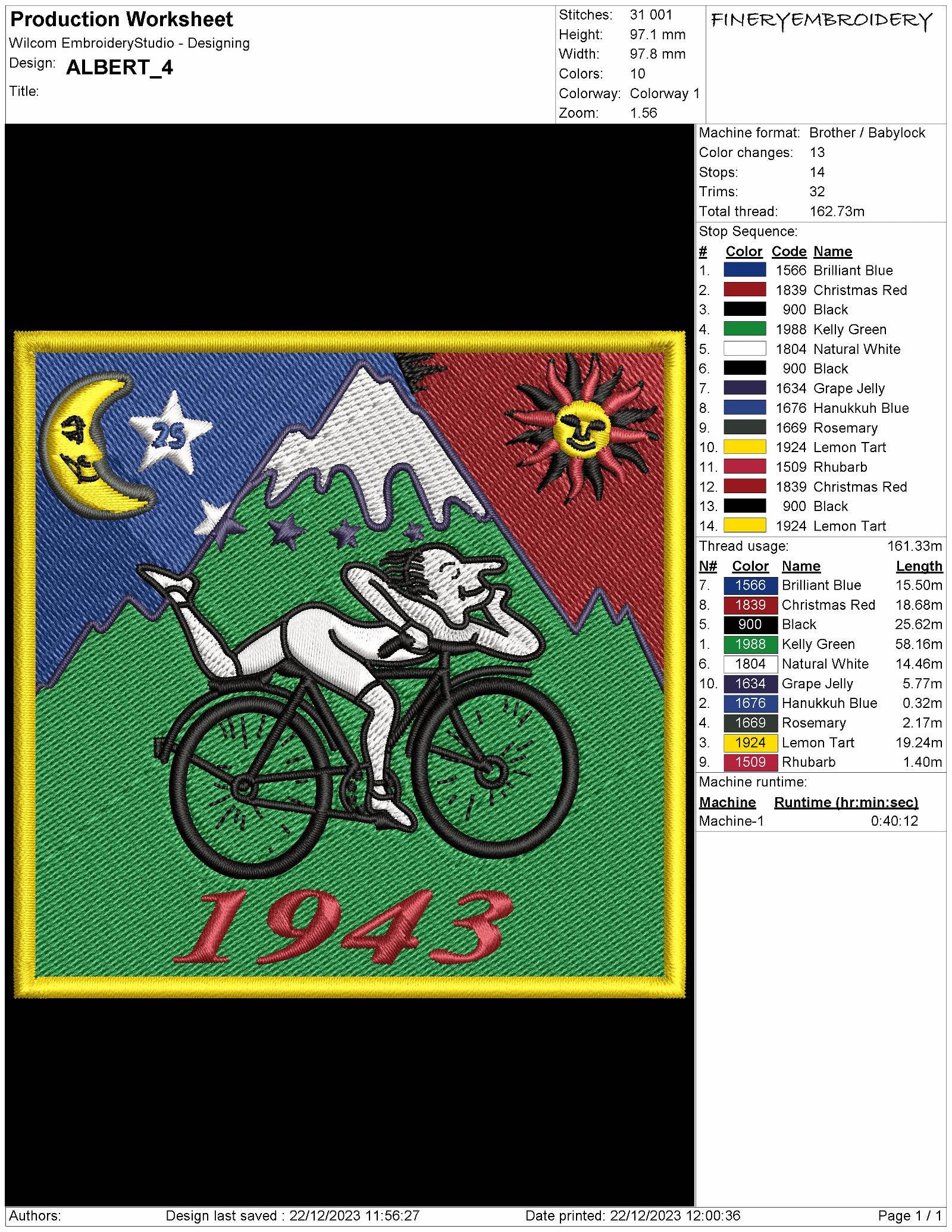 Albert Hofmann Bicycle Day 1943 : Embroidery Design - FineryEmbroidery