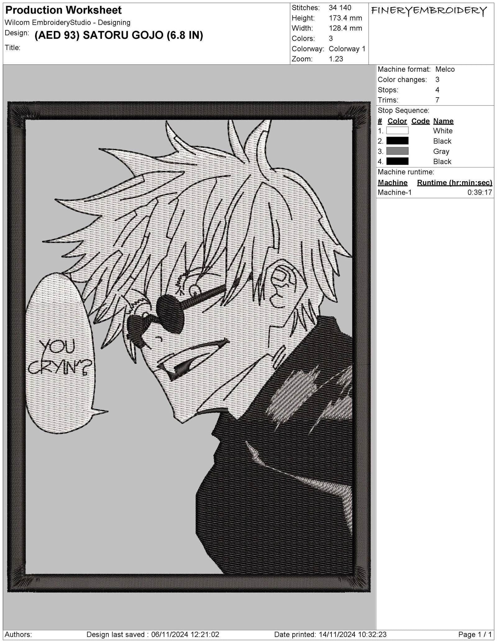 Anime Embroidery Design - Satoru Gojo Portrait - FineryEmbroidery