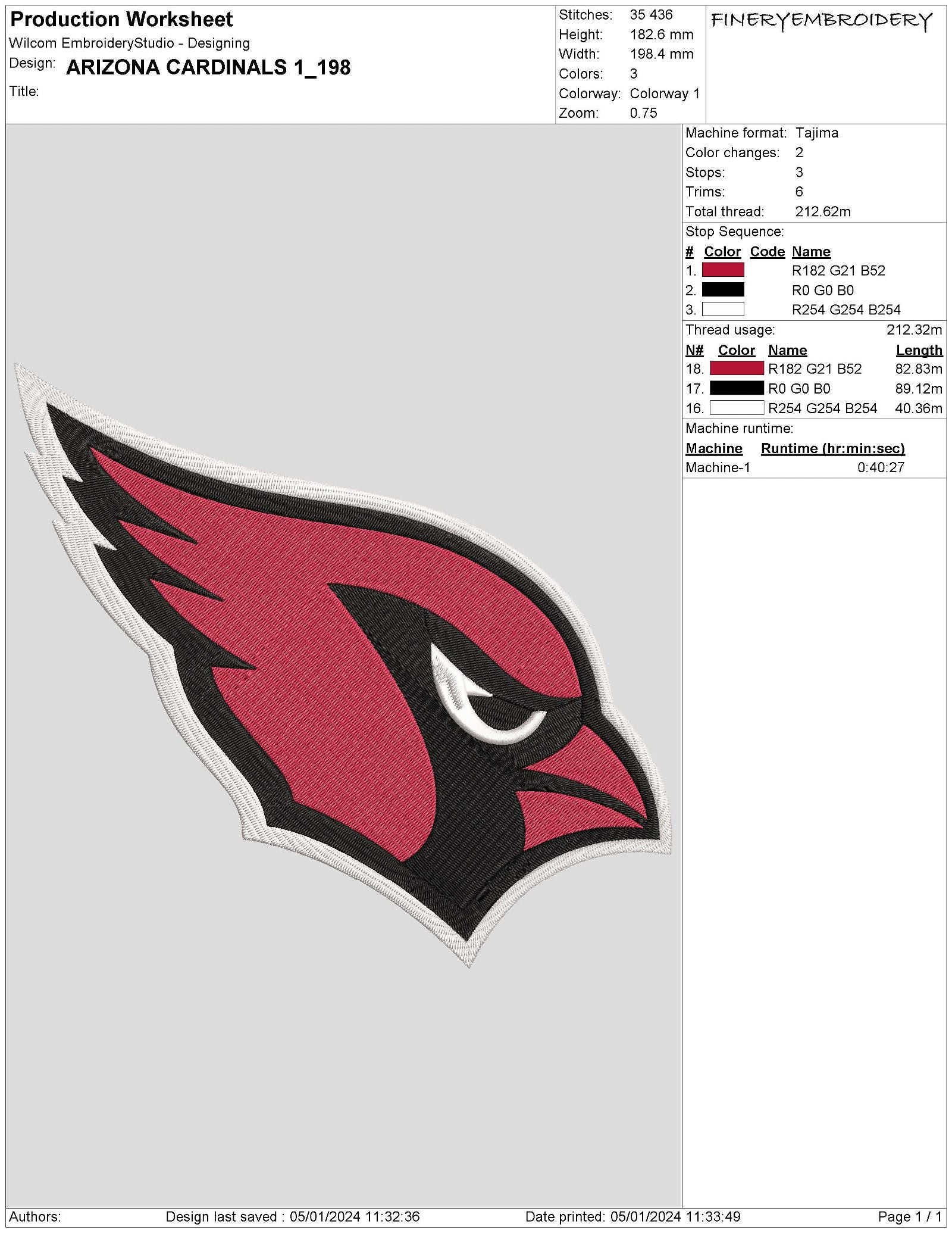 Arizona Cardinals 1 : Embroidery Design - FineryEmbroidery