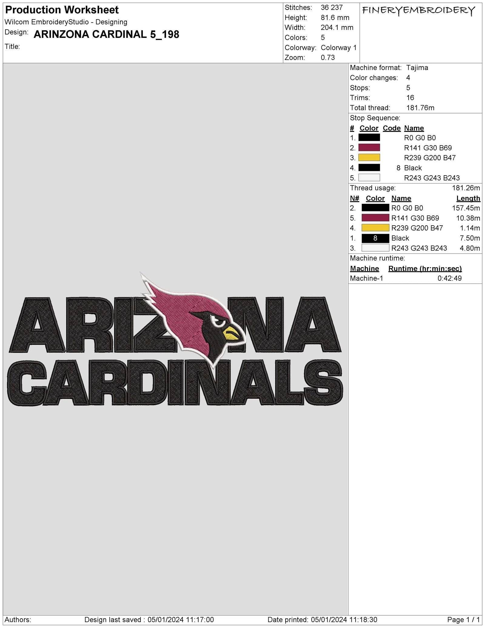 Arizona Cardinals 5 : Embroidery Design - FineryEmbroidery