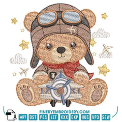 Aviator Bear - Embroidery design - FineryEmbroidery