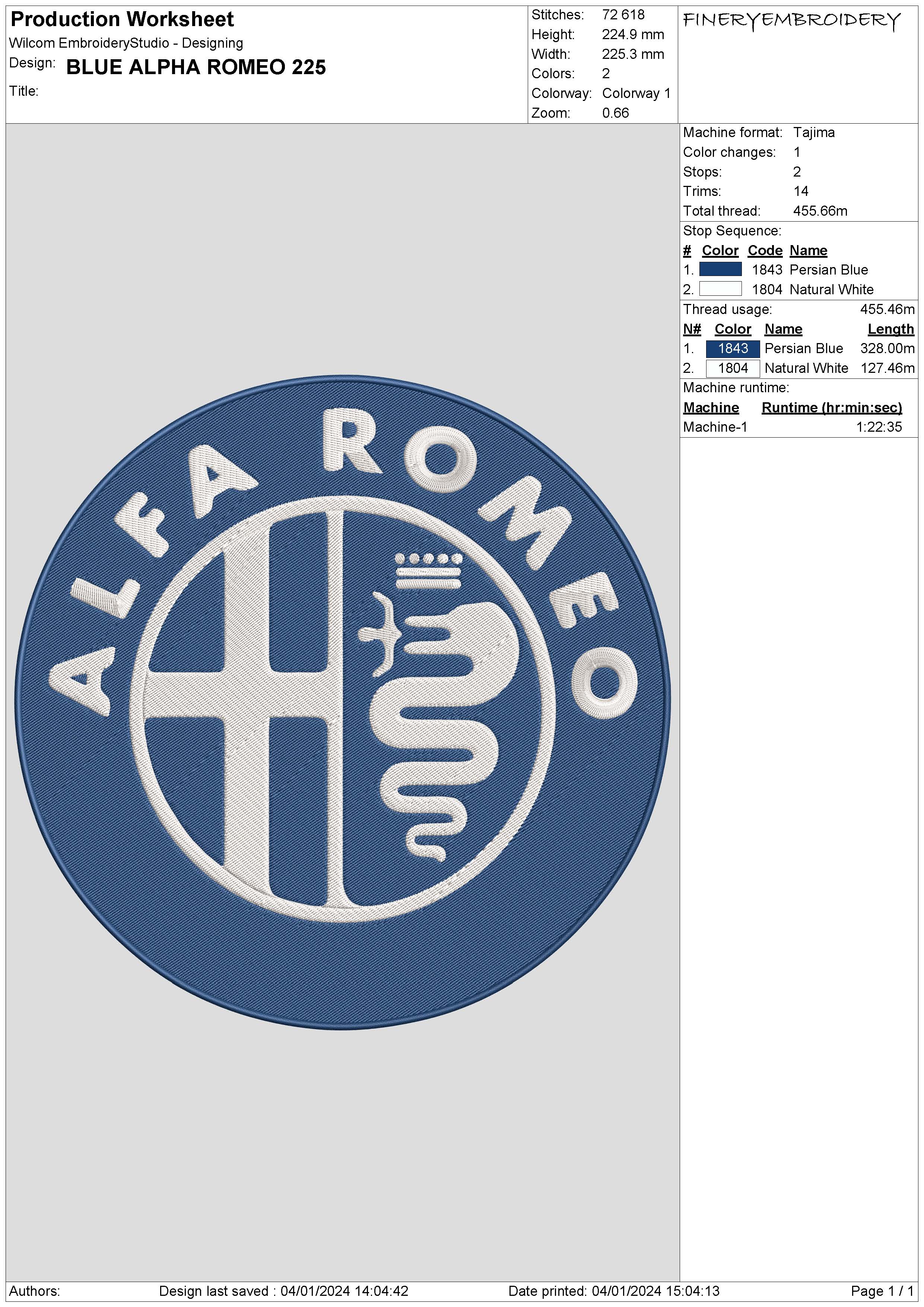 Blue Alpha Romeo Embroidery Design