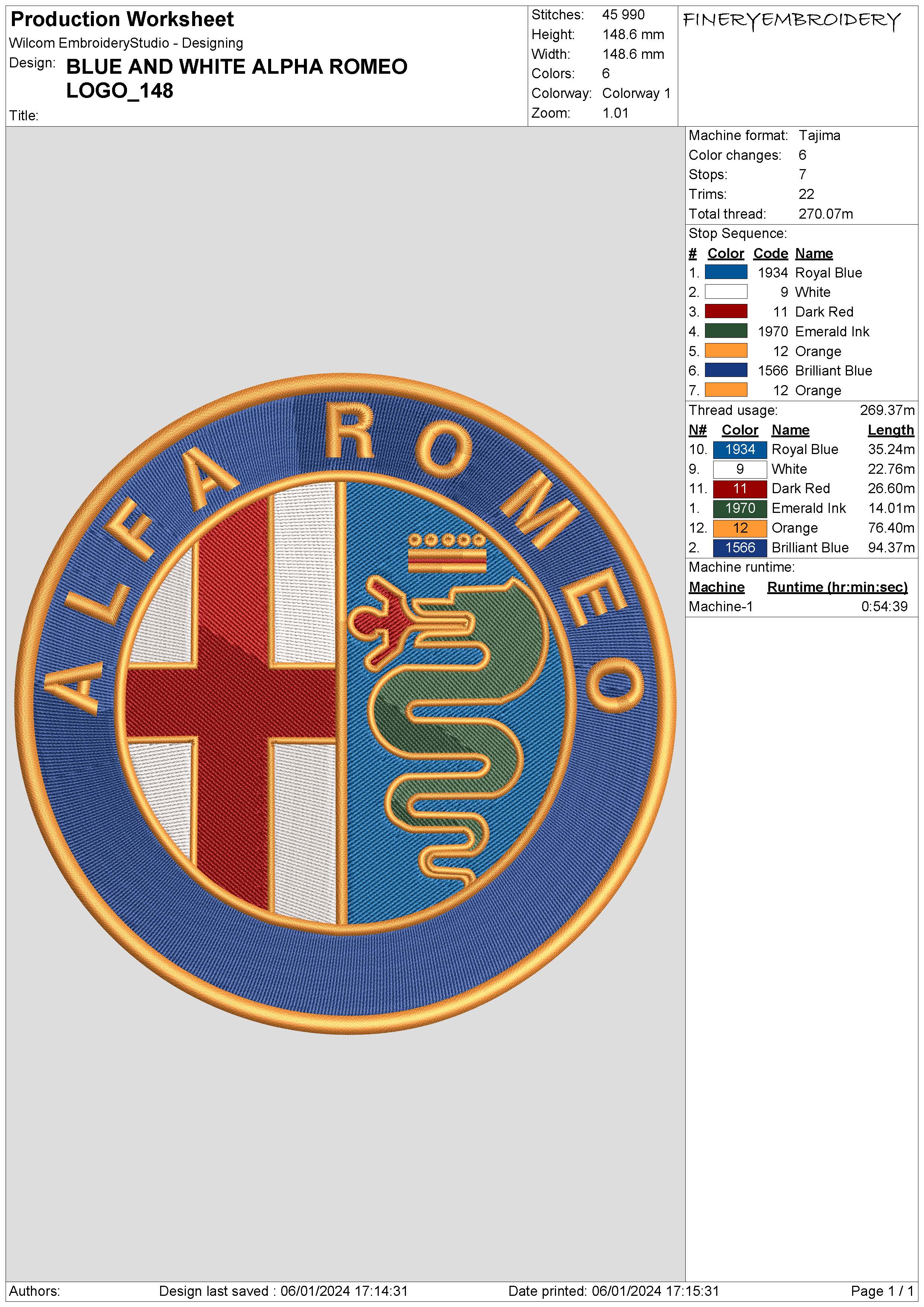 Blue and White Alpha Romeo Logo - Embroidery Design